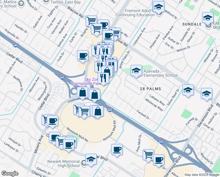 map of restaurants, bars, coffee shops, grocery stores, and more near 5491 Tyler Place in Fremont