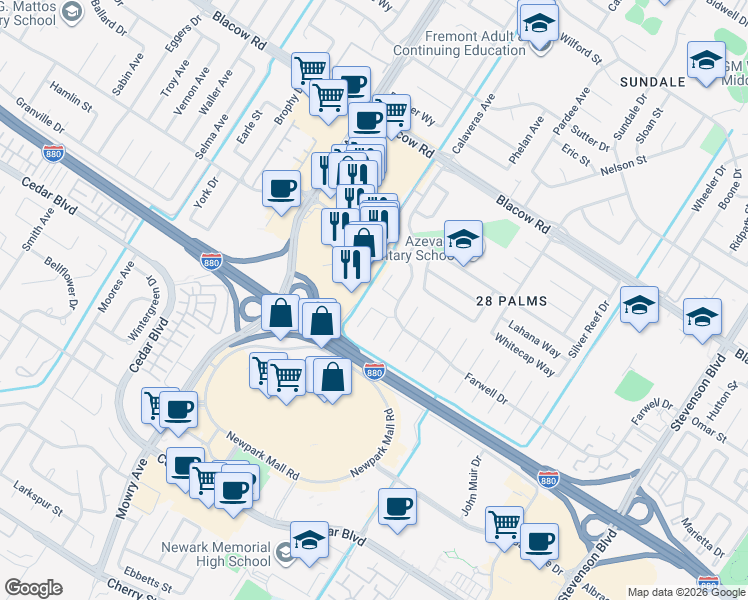 map of restaurants, bars, coffee shops, grocery stores, and more near 5491 Tyler Place in Fremont