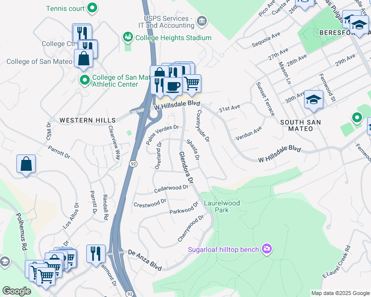 map of restaurants, bars, coffee shops, grocery stores, and more near 3311 Glendora Drive in San Mateo