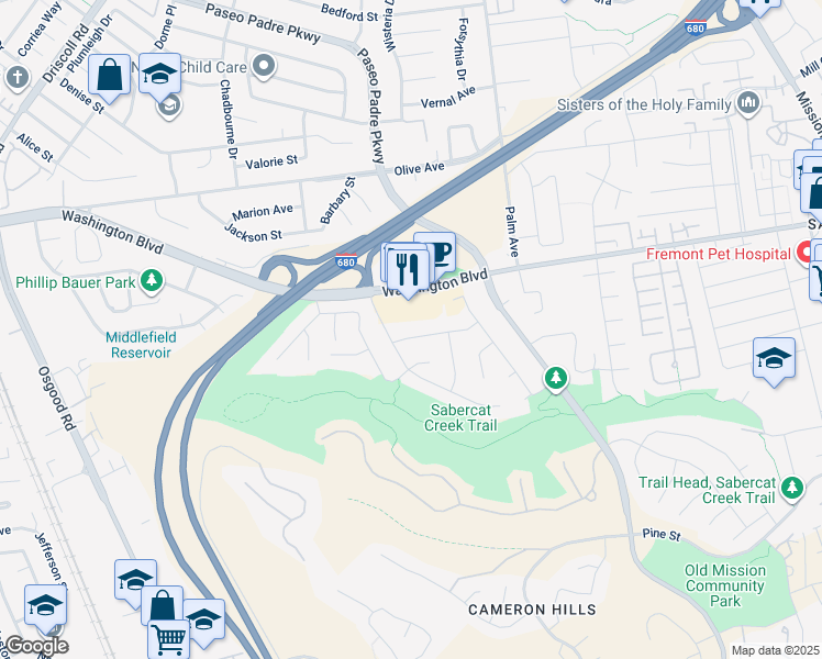 map of restaurants, bars, coffee shops, grocery stores, and more near 1771 Vía Sombrio in Fremont