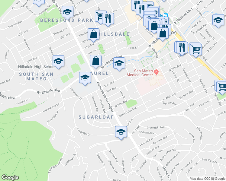 map of restaurants, bars, coffee shops, grocery stores, and more near 415 37th Avenue in San Mateo