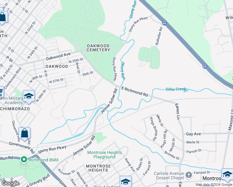 map of restaurants, bars, coffee shops, grocery stores, and more near 2601 Jennie Scher Road in Richmond