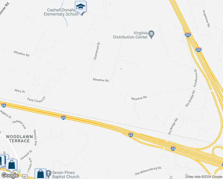 map of restaurants, bars, coffee shops, grocery stores, and more near 2121 Meadow Road in Sandston