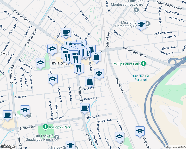 map of restaurants, bars, coffee shops, grocery stores, and more near 3791 Adams Avenue in Fremont