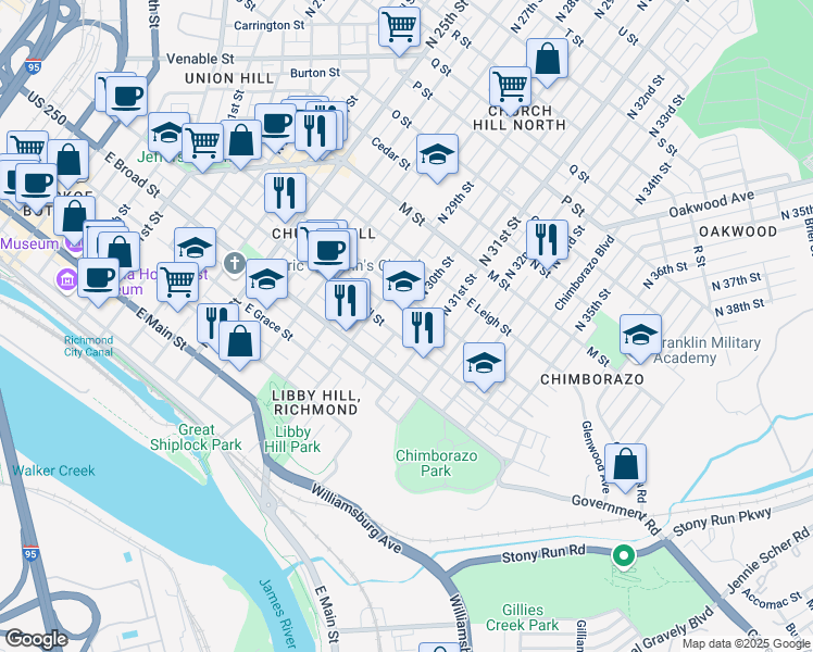 map of restaurants, bars, coffee shops, grocery stores, and more near 3000 East Marshall Street in Richmond