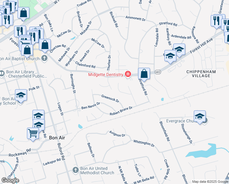 map of restaurants, bars, coffee shops, grocery stores, and more near 2400 Bon Air Station Lane in Richmond