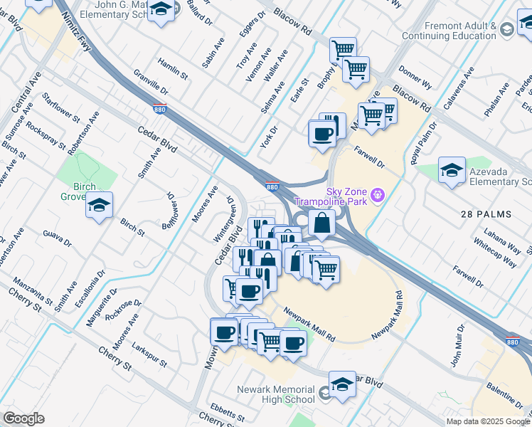 map of restaurants, bars, coffee shops, grocery stores, and more near 5702 Pandorea Terrace in Newark
