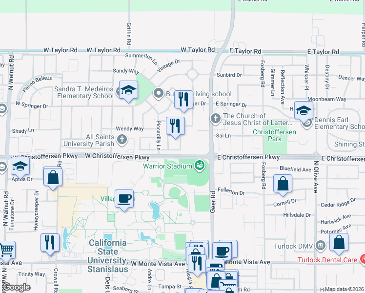 map of restaurants, bars, coffee shops, grocery stores, and more near 4076 Sage Way in Turlock