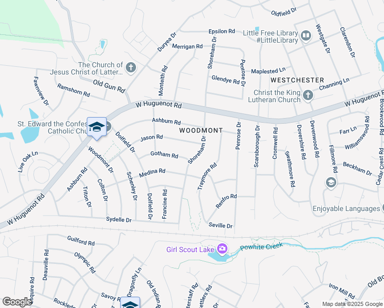 map of restaurants, bars, coffee shops, grocery stores, and more near 2612 Shoreham Drive in Richmond