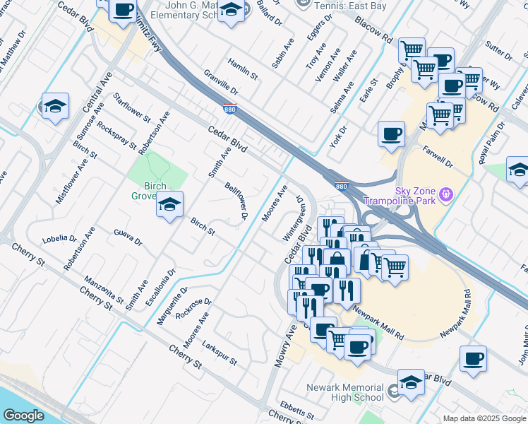 map of restaurants, bars, coffee shops, grocery stores, and more near 5779 Moores Avenue in Newark