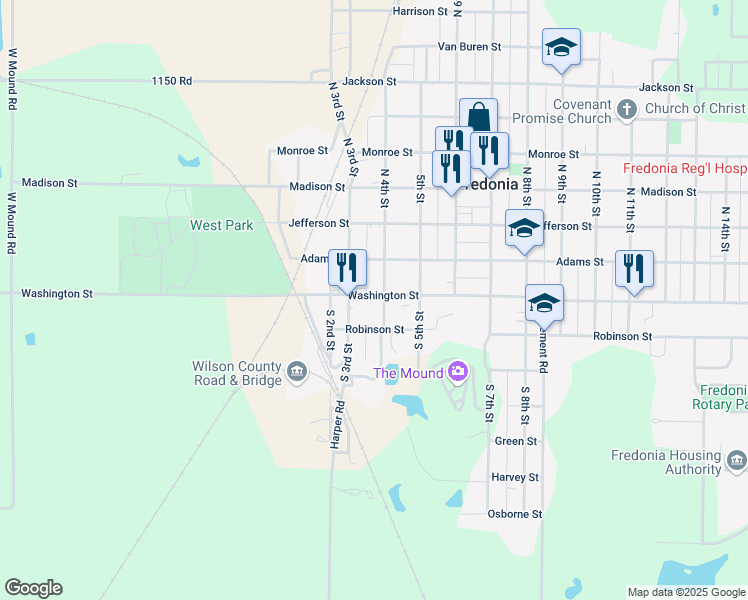 map of restaurants, bars, coffee shops, grocery stores, and more near 303 Washington Street in Fredonia