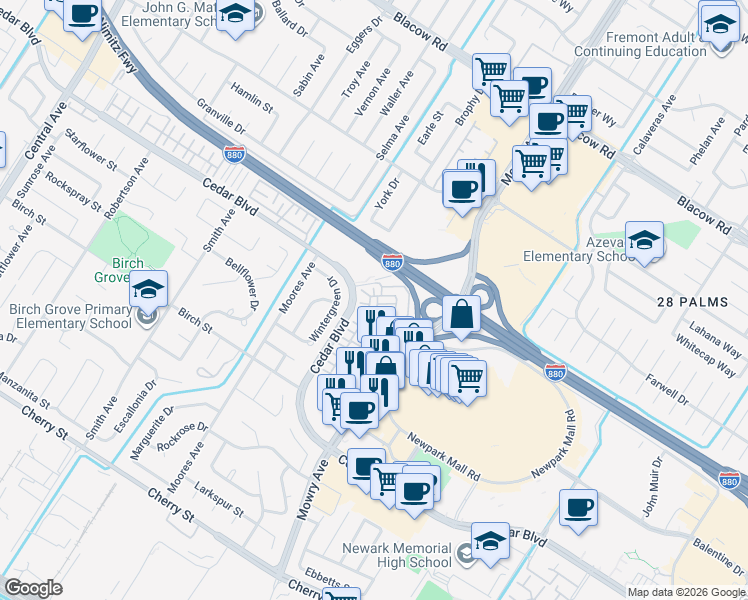 map of restaurants, bars, coffee shops, grocery stores, and more near 5724 Pandorea Terrace in Newark