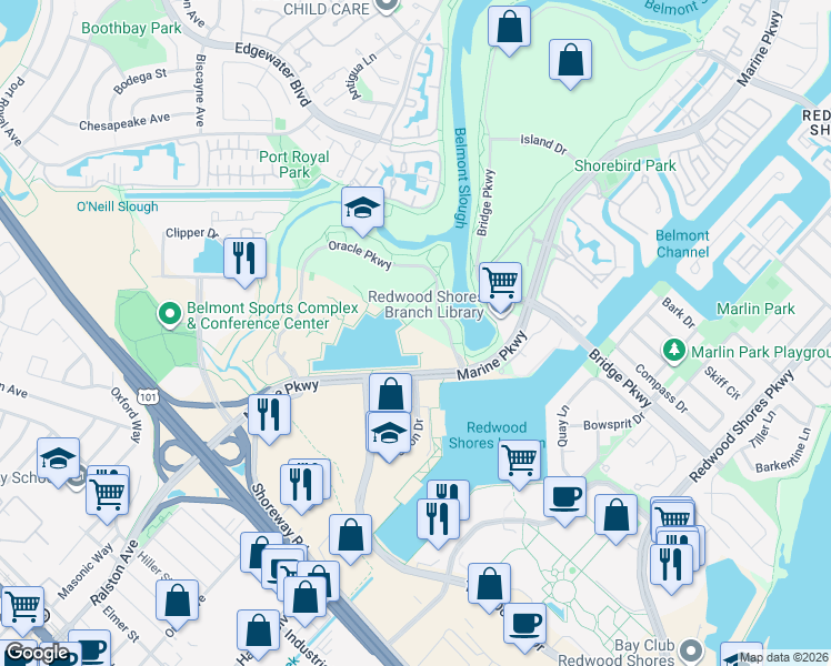 map of restaurants, bars, coffee shops, grocery stores, and more near 600 Oracle Parkway in Redwood City
