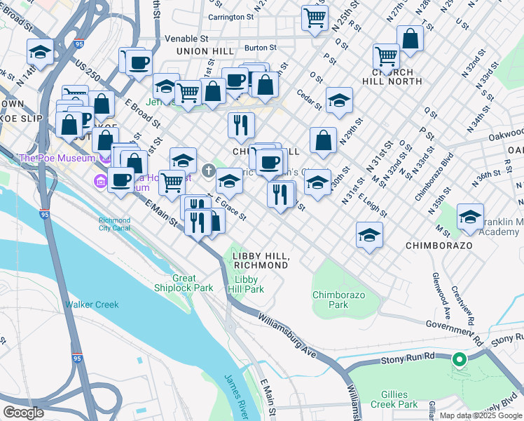 map of restaurants, bars, coffee shops, grocery stores, and more near 2717 East Broad Street in Richmond