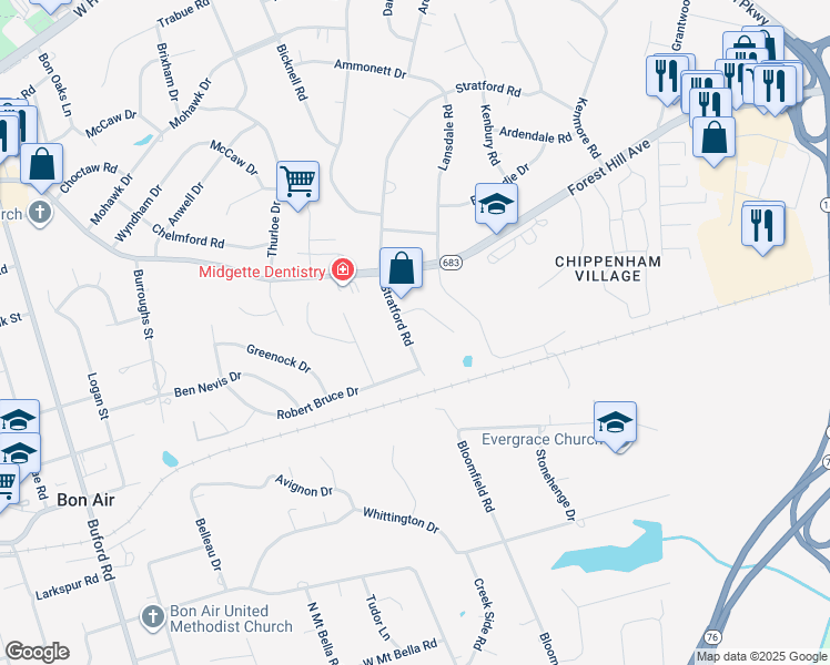 map of restaurants, bars, coffee shops, grocery stores, and more near 2231 Stratford Rd in Richmond