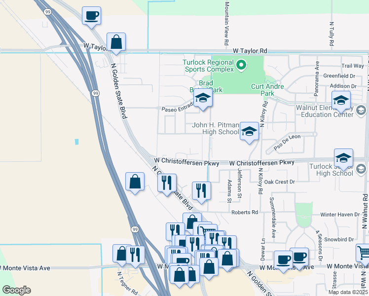 map of restaurants, bars, coffee shops, grocery stores, and more near 3025 West Christoffersen Parkway in Turlock
