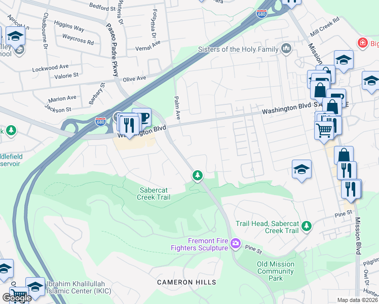 map of restaurants, bars, coffee shops, grocery stores, and more near 1065 Glenhill Drive in Fremont