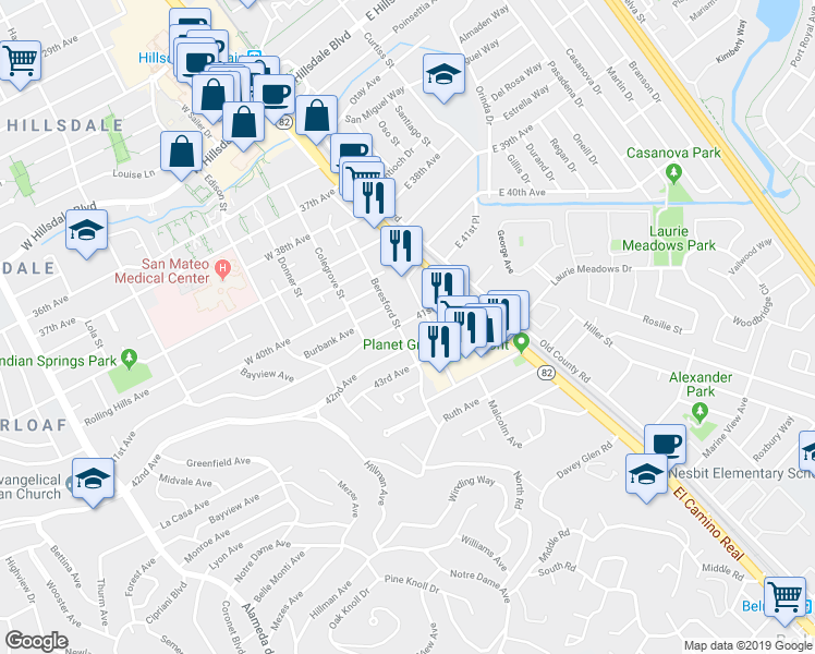 map of restaurants, bars, coffee shops, grocery stores, and more near 67 41st Avenue in San Mateo