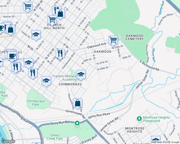 map of restaurants, bars, coffee shops, grocery stores, and more near 907 North 38th Street in Richmond