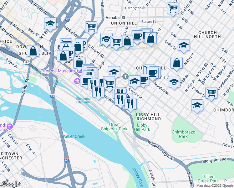 map of restaurants, bars, coffee shops, grocery stores, and more near 2405 East Franklin Street in Richmond