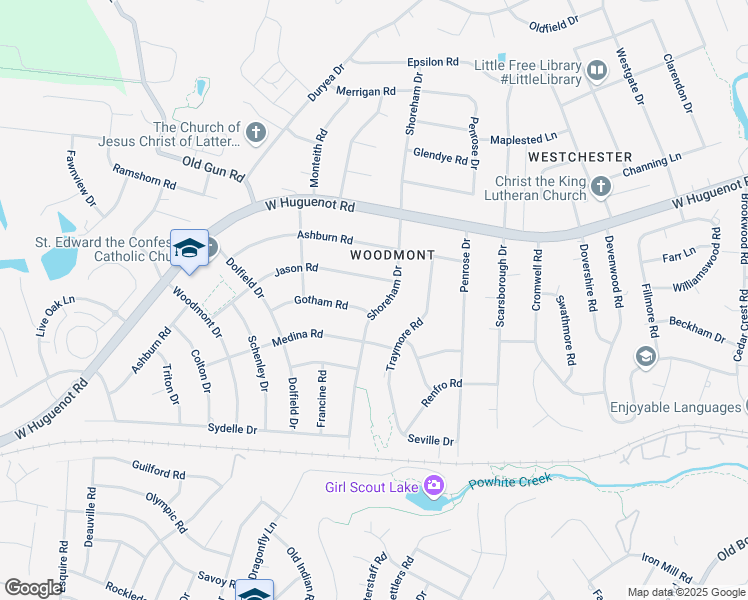 map of restaurants, bars, coffee shops, grocery stores, and more near 2612 Shoreham Drive in Richmond