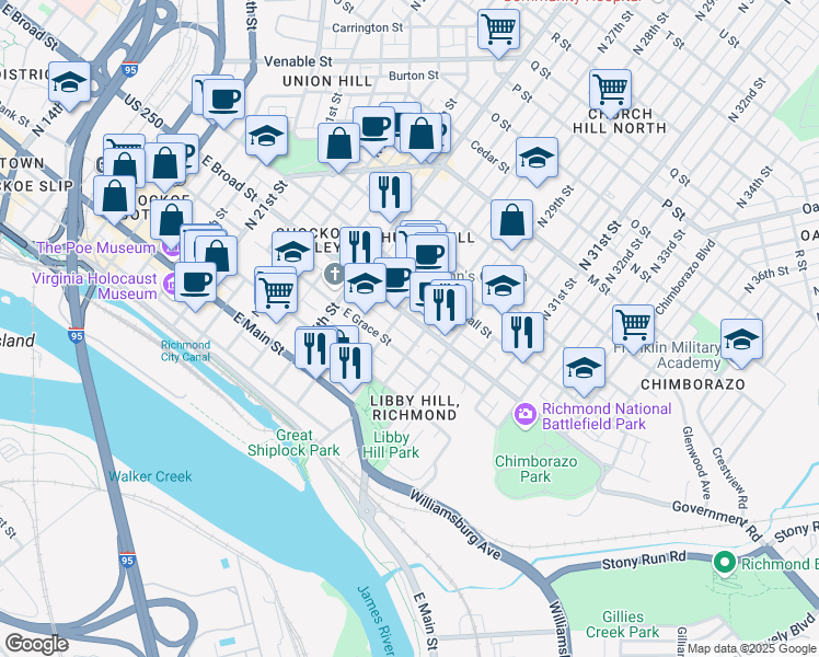 map of restaurants, bars, coffee shops, grocery stores, and more near 2713 East Broad Street in Richmond