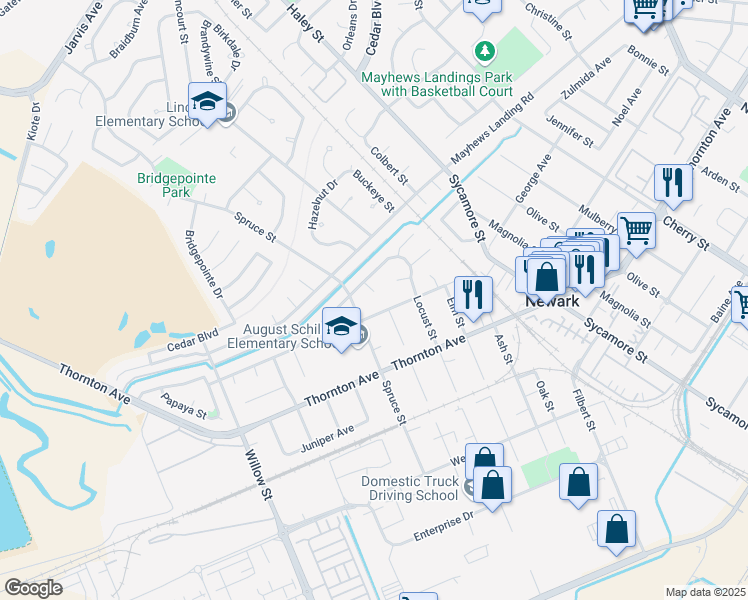 map of restaurants, bars, coffee shops, grocery stores, and more near 36775 Silk Court in Newark