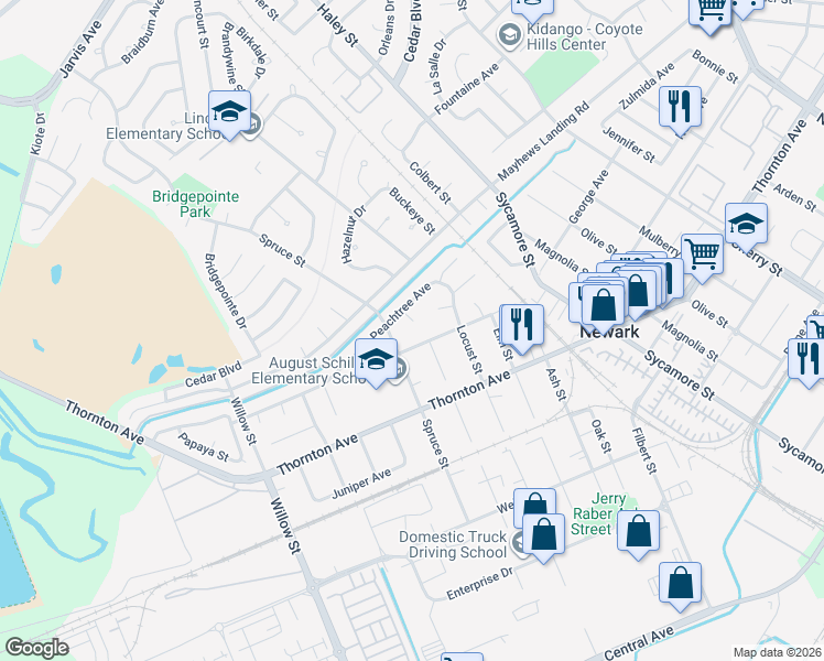 map of restaurants, bars, coffee shops, grocery stores, and more near 36775 Silk Court in Newark