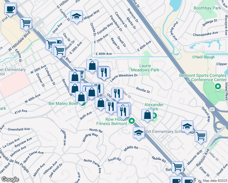 map of restaurants, bars, coffee shops, grocery stores, and more near 504 Sterling View Avenue in Belmont