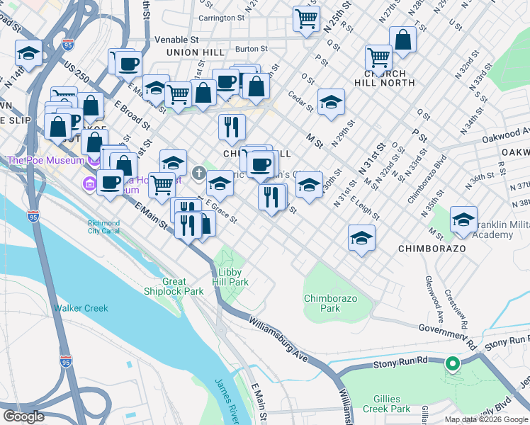 map of restaurants, bars, coffee shops, grocery stores, and more near 2802 East Broad Street in Richmond
