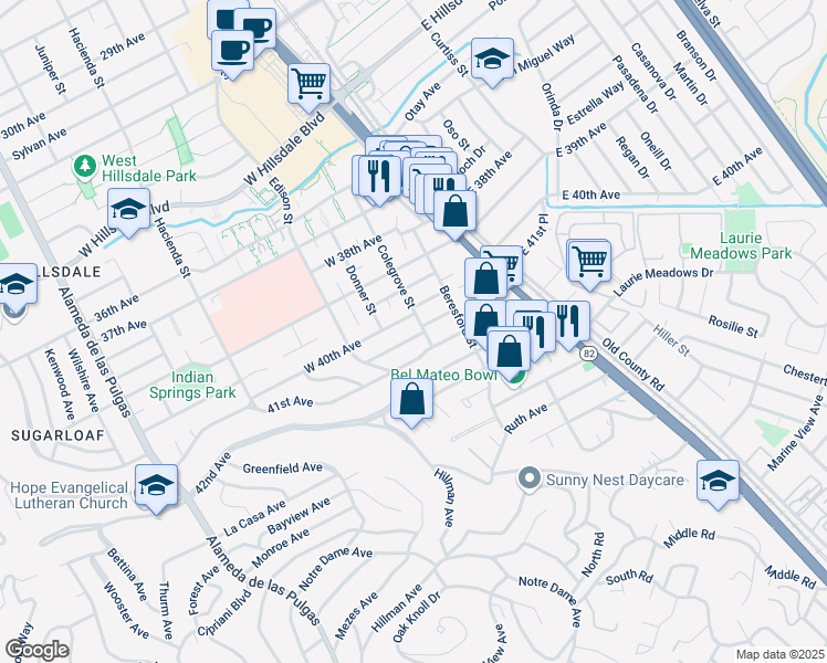 map of restaurants, bars, coffee shops, grocery stores, and more near 125 West 40th Avenue in San Mateo
