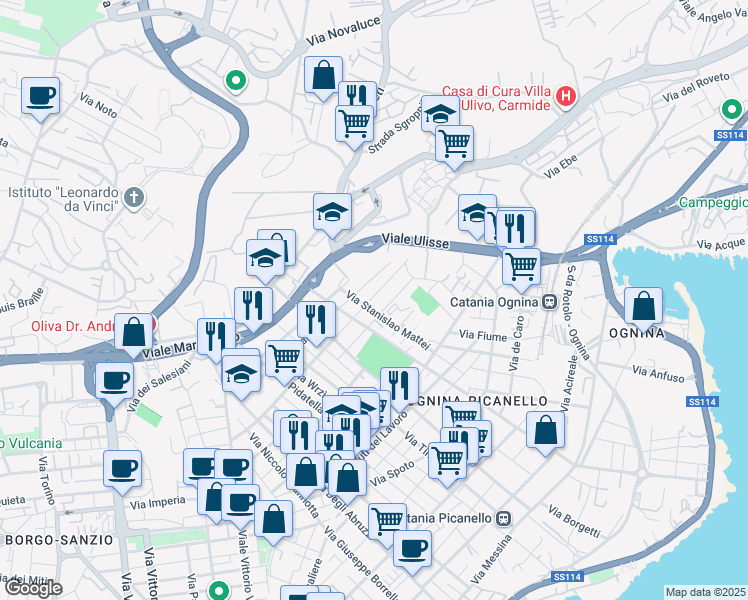 map of restaurants, bars, coffee shops, grocery stores, and more near 150 Via Macaluso in Catania