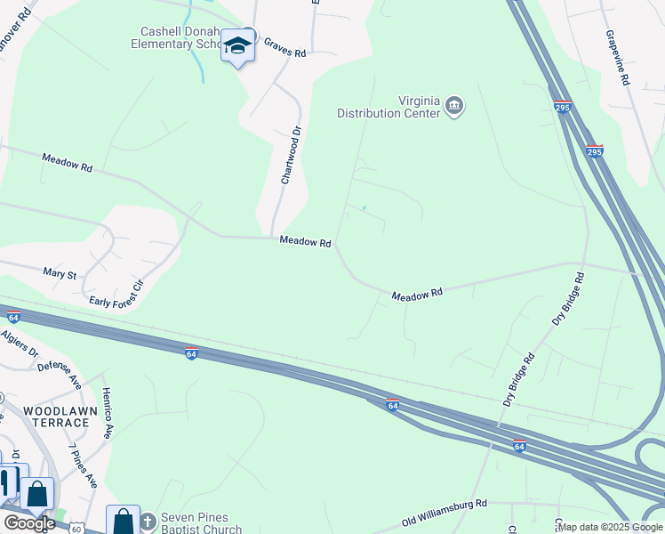 map of restaurants, bars, coffee shops, grocery stores, and more near 2121 Meadow Road in Sandston