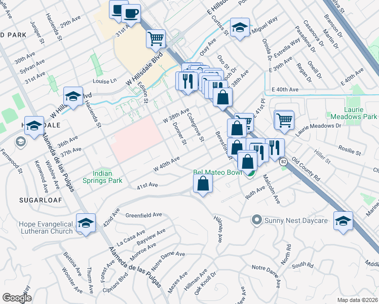map of restaurants, bars, coffee shops, grocery stores, and more near West 40th Avenue & Donner Street in San Mateo