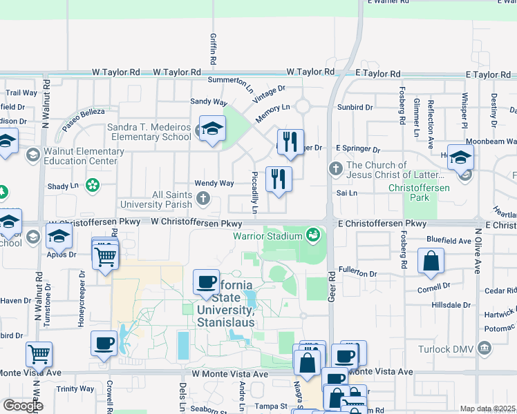 map of restaurants, bars, coffee shops, grocery stores, and more near 4082 Piccadilly Lane in Turlock