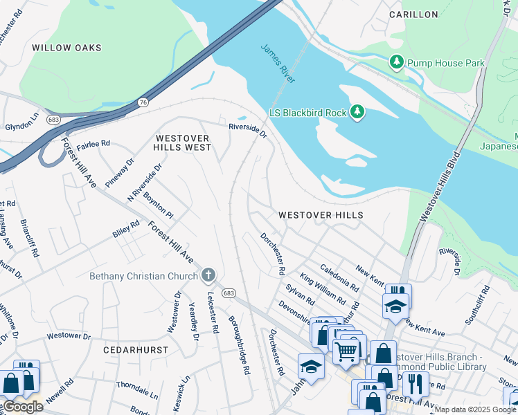 map of restaurants, bars, coffee shops, grocery stores, and more near 5414 New Kent Rd in Richmond