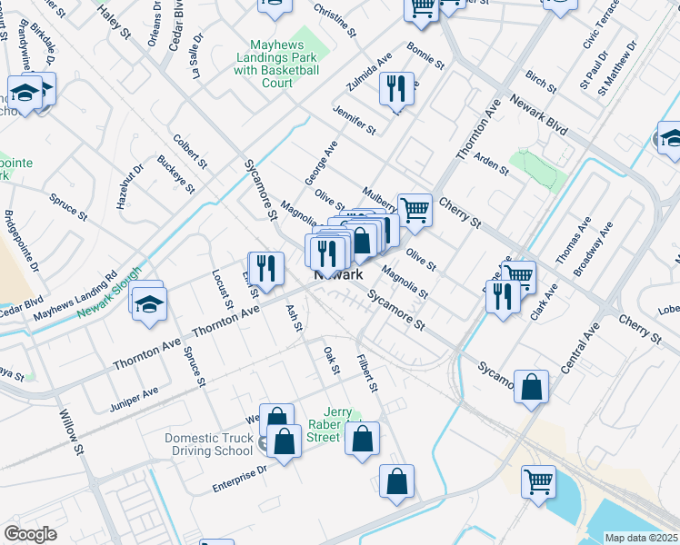 map of restaurants, bars, coffee shops, grocery stores, and more near Thornton Ave & Sycamore St in Newark