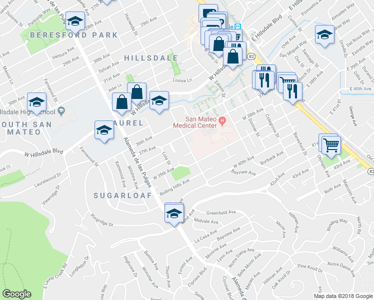 map of restaurants, bars, coffee shops, grocery stores, and more near 3724 Hacienda Street in San Mateo
