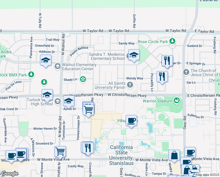 map of restaurants, bars, coffee shops, grocery stores, and more near 987 Kirksey Drive in Turlock