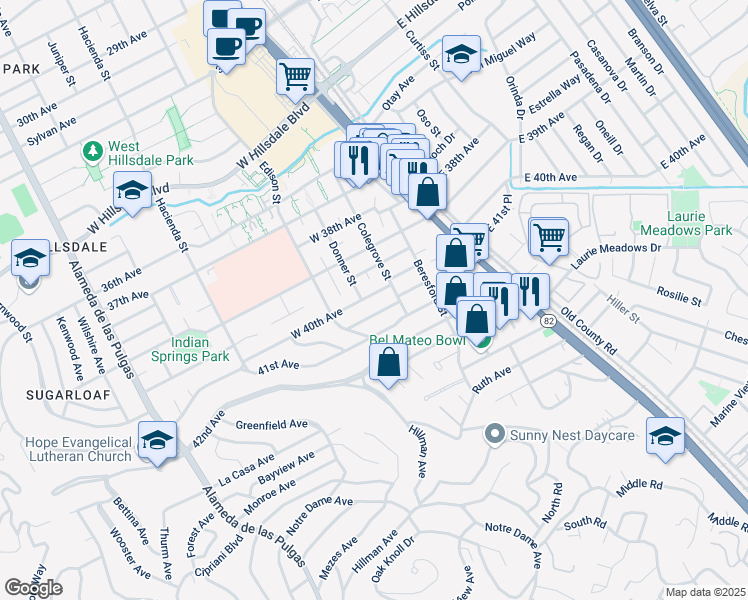 map of restaurants, bars, coffee shops, grocery stores, and more near 125 West 40th Avenue in San Mateo