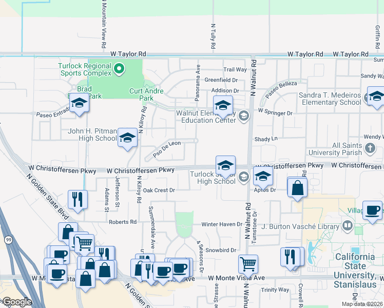 map of restaurants, bars, coffee shops, grocery stores, and more near 4141 Panorama Avenue in Turlock