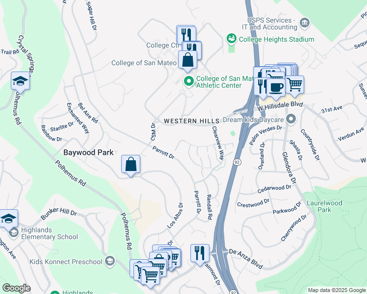 map of restaurants, bars, coffee shops, grocery stores, and more near 1685 Bayridge Way in San Mateo