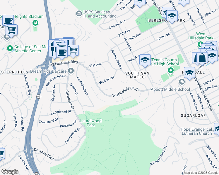map of restaurants, bars, coffee shops, grocery stores, and more near 3322 Caxton Court in San Mateo