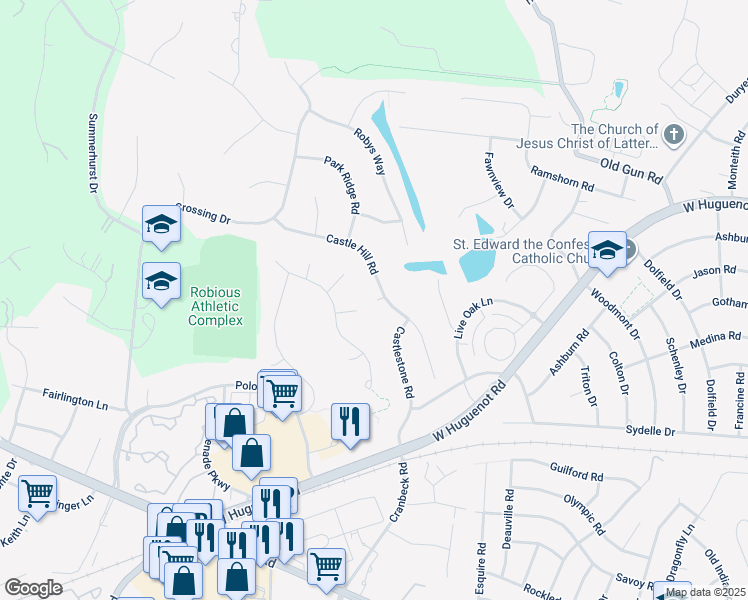 map of restaurants, bars, coffee shops, grocery stores, and more near 2430 Castle Hill Road in Midlothian