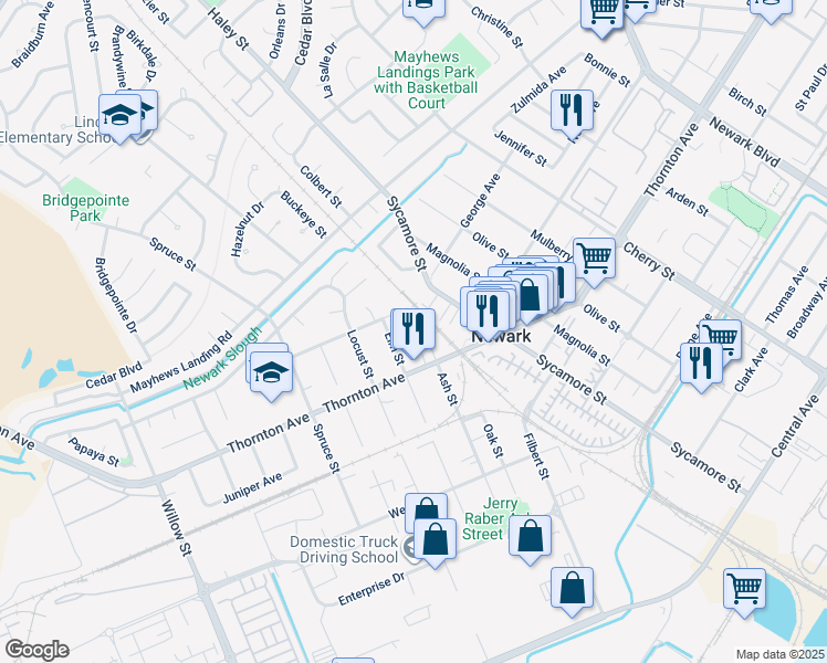 map of restaurants, bars, coffee shops, grocery stores, and more near 36913 Ash Street in Newark