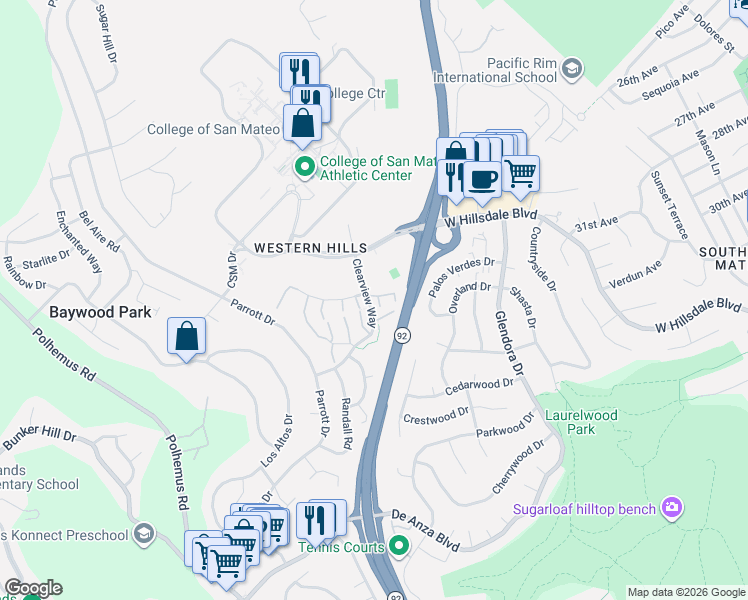 map of restaurants, bars, coffee shops, grocery stores, and more near 13 Clearview Way in San Mateo