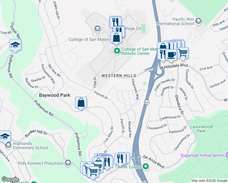map of restaurants, bars, coffee shops, grocery stores, and more near 14 Lyonridge Lane in San Mateo