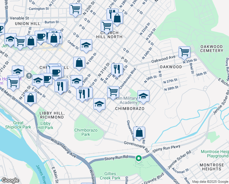 map of restaurants, bars, coffee shops, grocery stores, and more near 617 Chimborazo Boulevard in Richmond