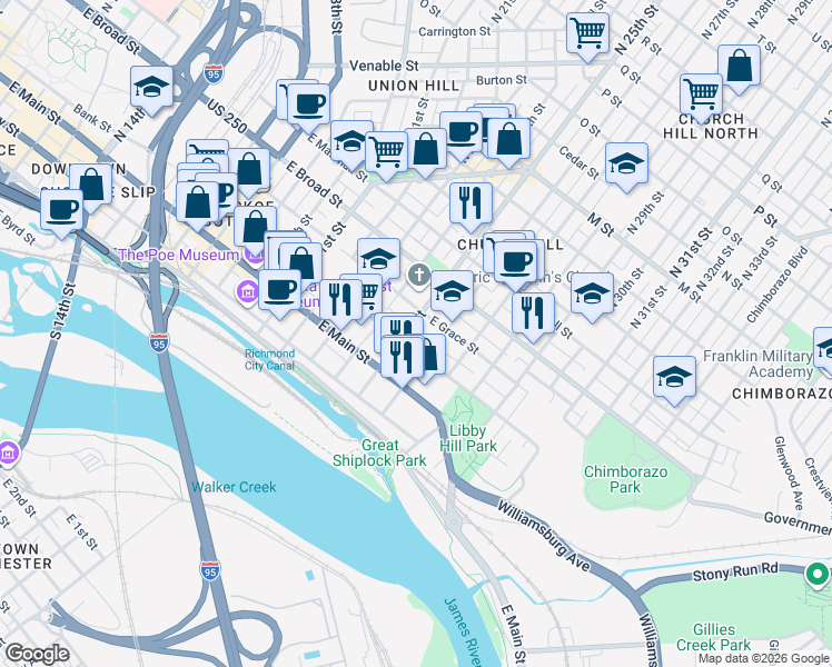 map of restaurants, bars, coffee shops, grocery stores, and more near 123 North 25th Street in Richmond