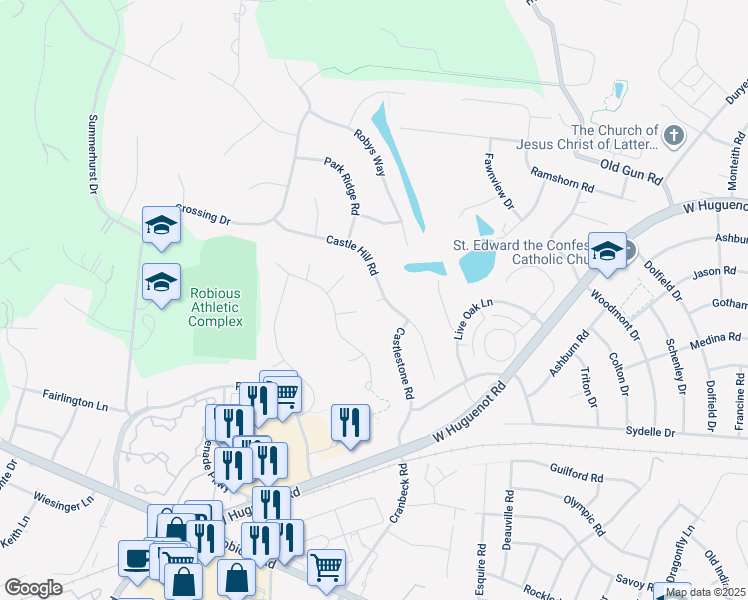 map of restaurants, bars, coffee shops, grocery stores, and more near 2430 Castle Hill Road in Midlothian